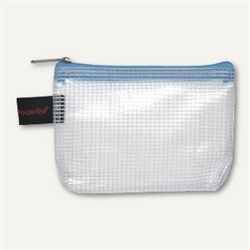 Plastik lynlåspose - gennemsigtig plast med forstærkning og lyseblå lynlås - 90x130 mm. PVC fri